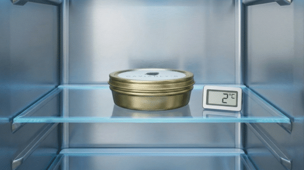 Boîte de caviar Caviarly’s conservée dans un réfrigérateur à 2 °C, à côté d’un thermomètre.