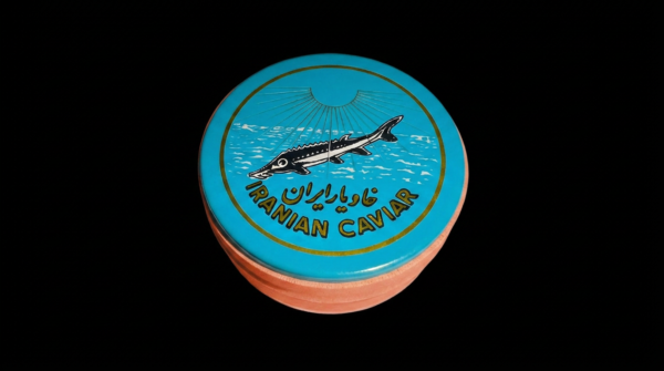 Boîte ancienne de caviar iranien avec un esturgeon dessiné et l’inscription Iranian Caviar