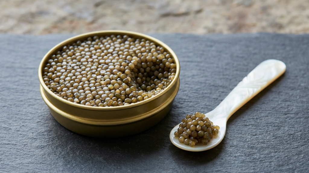 Boîte dorée ouverte de caviar Osciètre aux grains gris bronze et dorés, accompagnée d’une cuillère en nacre.