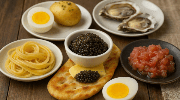 Bol de caviar entouré de blini, beurre, pomme de terre, œuf dur, huîtres, pâtes et poisson cru.