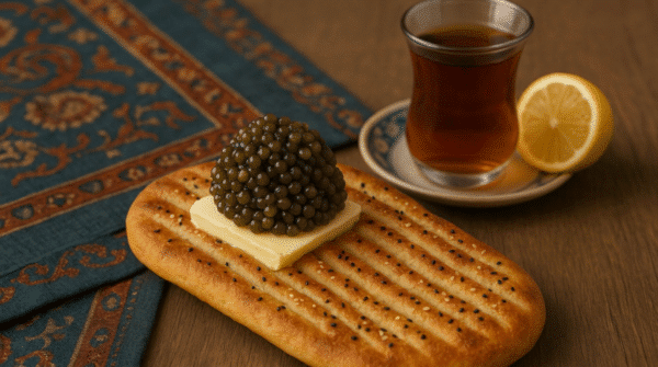 Caviar servi sur du beurre et un pain barbari, un pain iranien, avec du thé et du citron.