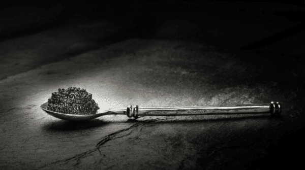 Cuillère argentée garnie de caviar Baeri noir sur une surface sombre.