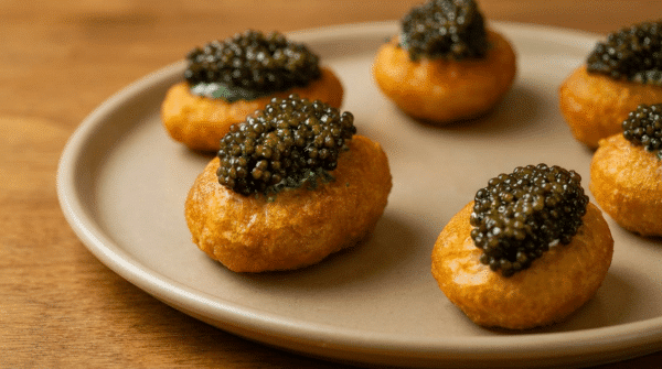Caviar nuggets : bouchées croustillantes garnies de caviar, servies sur une assiette claire.