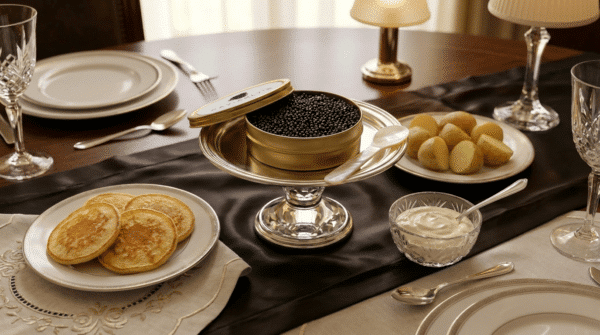 Service de caviar à table avec boîte ouverte Caviarly’s, cuillères en nacre, blinis, crème fraîche, pommes de terre vapeur et champagne.