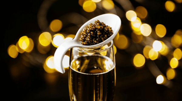Cuillère blanche garnie de caviar posée sur une flûte de champagne, devant des lumières dorées floues.