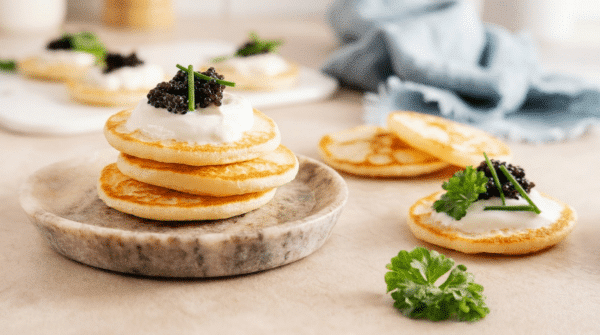 Blinis garnis de crème fraîche, de caviar noir et de ciboulette, présentés pour l’apéritif.
