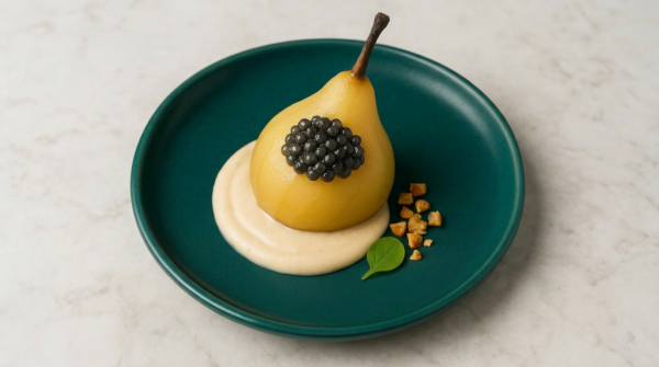 Poire pochée avec crème d’amande douce et caviar Beluga ajouté au dernier moment