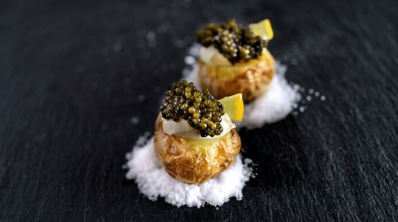 Recette pommes de terre rôties, crème fraîche et caviar