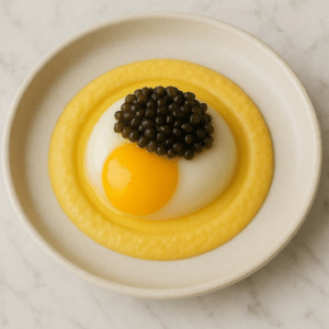 Œuf parfait avec crème de maïs doux et caviar Baeri ajouté au dernier moment