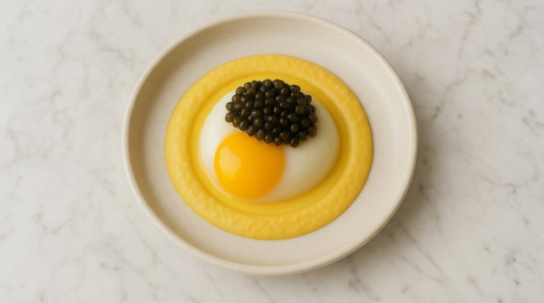 Œuf parfait avec crème de maïs doux et caviar Baeri ajouté au dernier moment