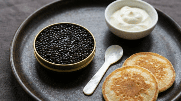Boîte ouverte de caviar avec blinis, crème fraîche et cuillère en nacre, une présentation simple pour découvrir un caviar pas cher.