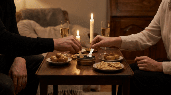 Deux personnes dégustant du caviar à table avec des cuillères en nacre, des pommes de terre tièdes, des blinis et du champagne.