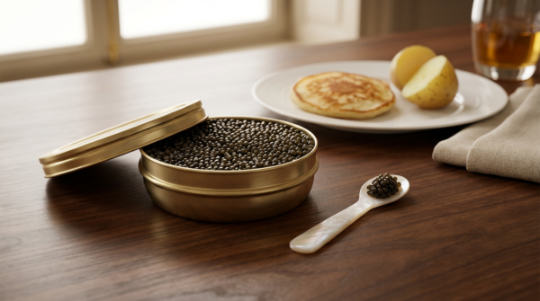 Caviar première fois : boîte dorée ouverte avec cuillère en nacre, blini et pomme de terre.