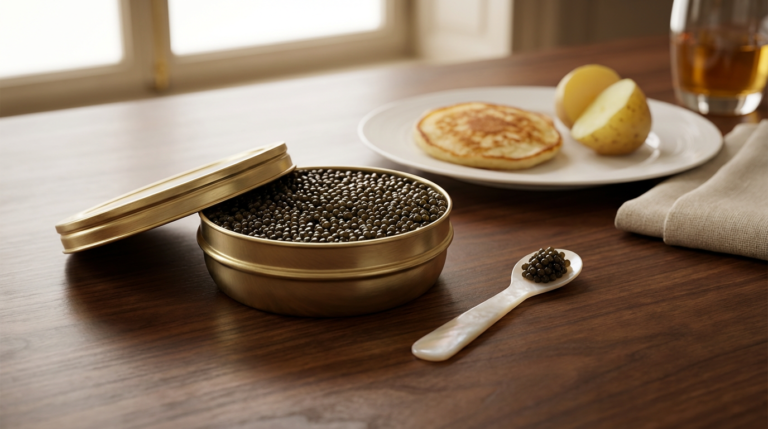 Caviar première fois : boîte dorée ouverte avec cuillère en nacre, blini et pomme de terre.