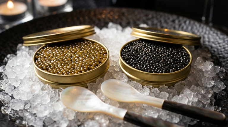 Deux boîtes de caviar Osciètre et Baeri ouvertes sur glace, avec cuillères en nacre, dans une mise en scène haut de gamme.