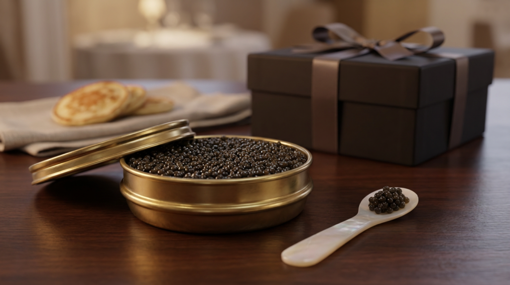 Quel caviar offrir : boîte dorée de caviar ouverte avec cuillère en nacre et coffret cadeau premium.