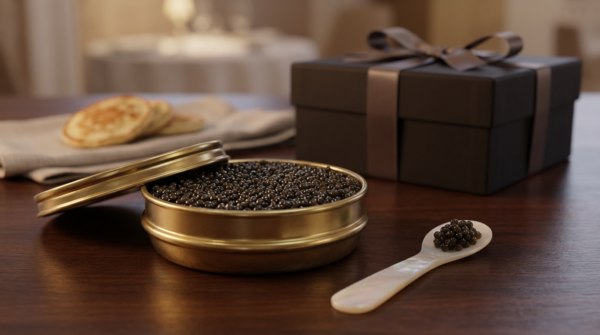 Quel caviar offrir : boîte dorée de caviar ouverte avec cuillère en nacre et coffret cadeau premium.