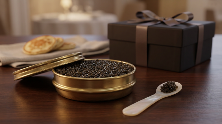 Quel caviar offrir : boîte dorée de caviar ouverte avec cuillère en nacre et coffret cadeau premium.