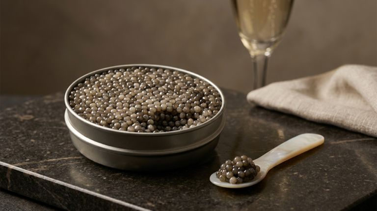Caviar Huso huso aux gros grains gris perle dans une boîte ouverte avec cuillère en nacre