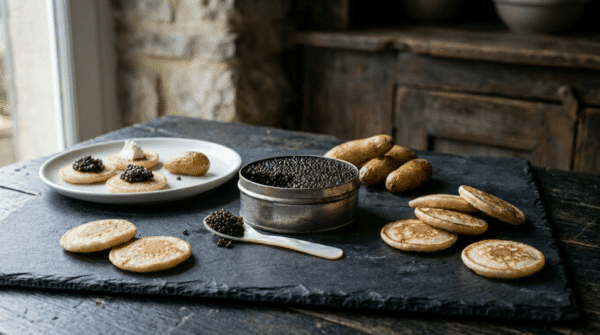 Boîte ouverte de caviar sur une ardoise, entourée de blinis, de pommes de terre et d’une cuillère en nacre.