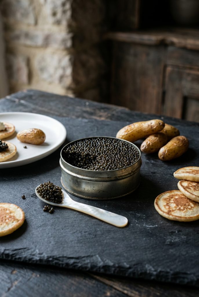 Portion de caviar servie dans une cuillère en nacre pour illustrer combien de caviar prévoir par personne