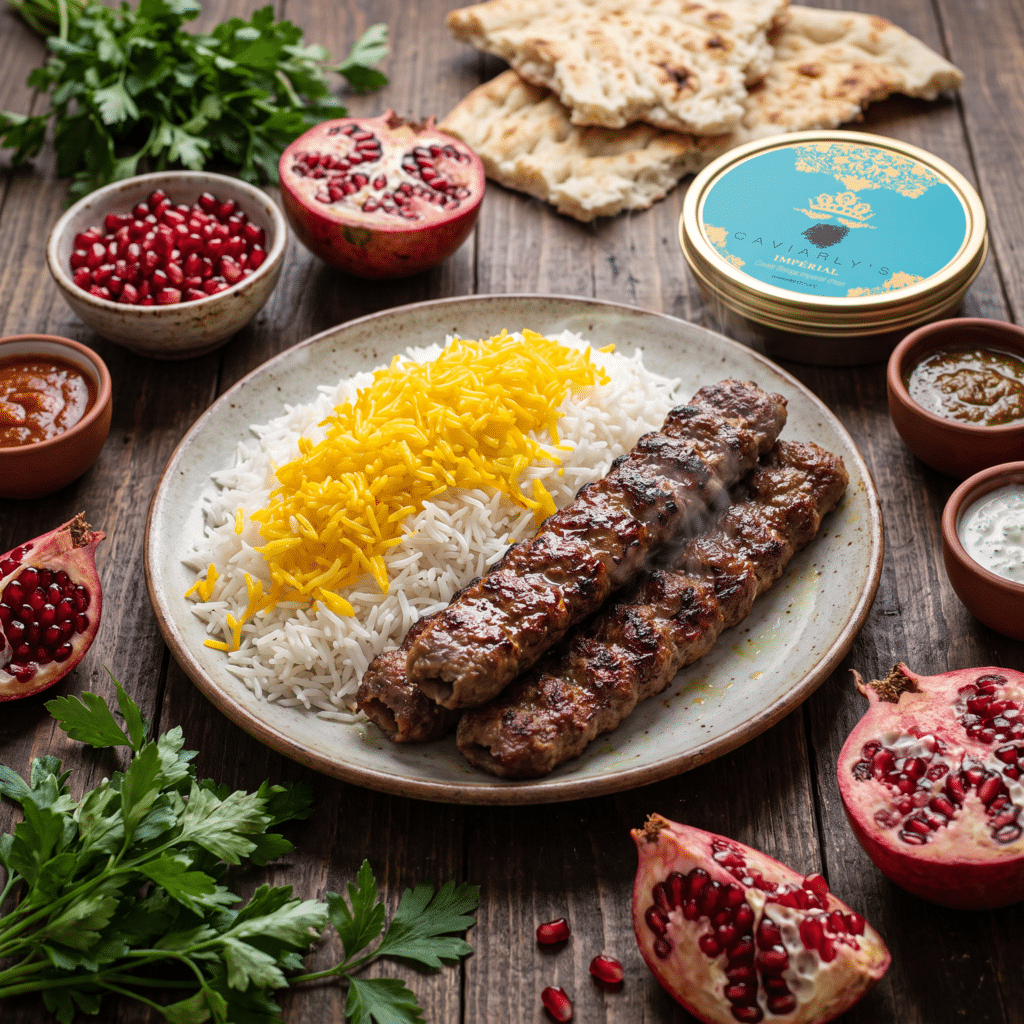Tchelow kabab persan avec riz safrané, grenade et boîte de caviar Beluga Impérial d’Iran Caviarly’s