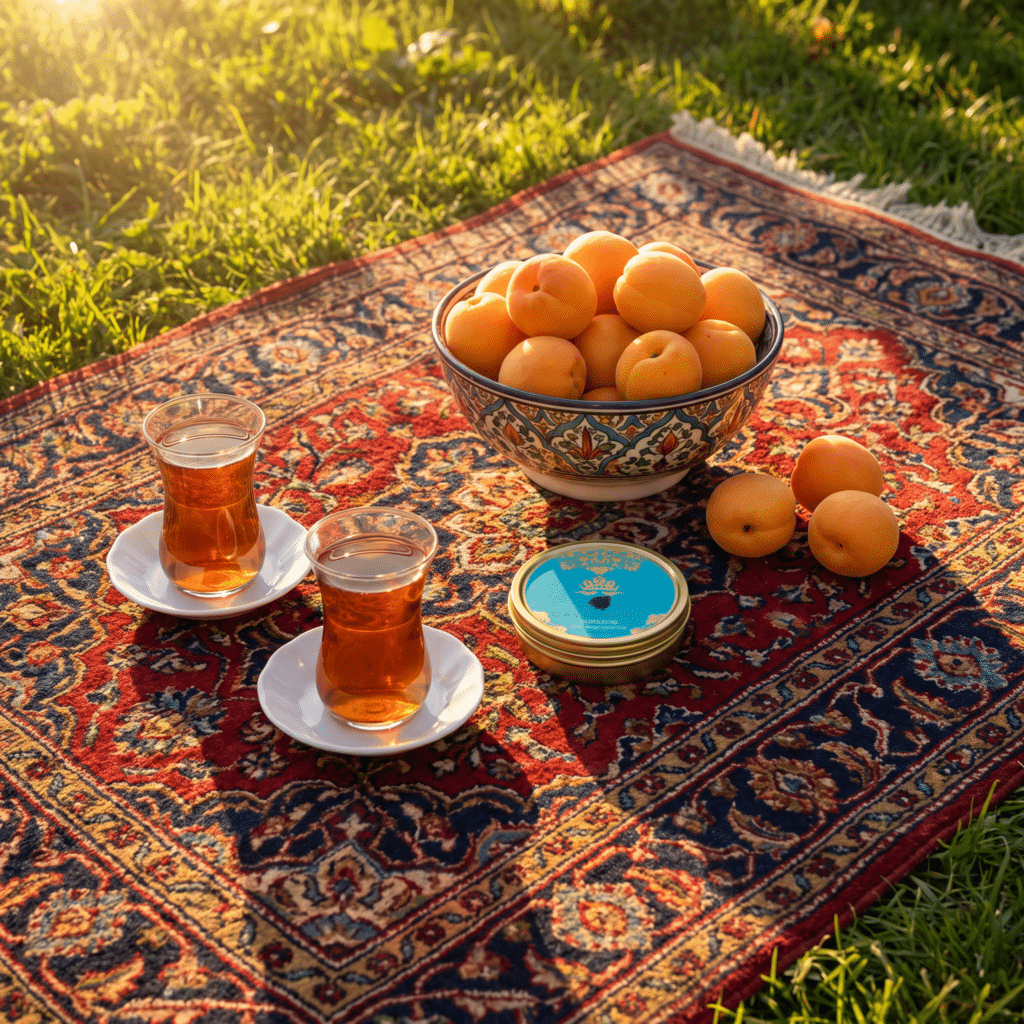 Boîte de caviar Beluga Impérial d’Iran Caviarly’s avec thé persan et abricots sur un tapis