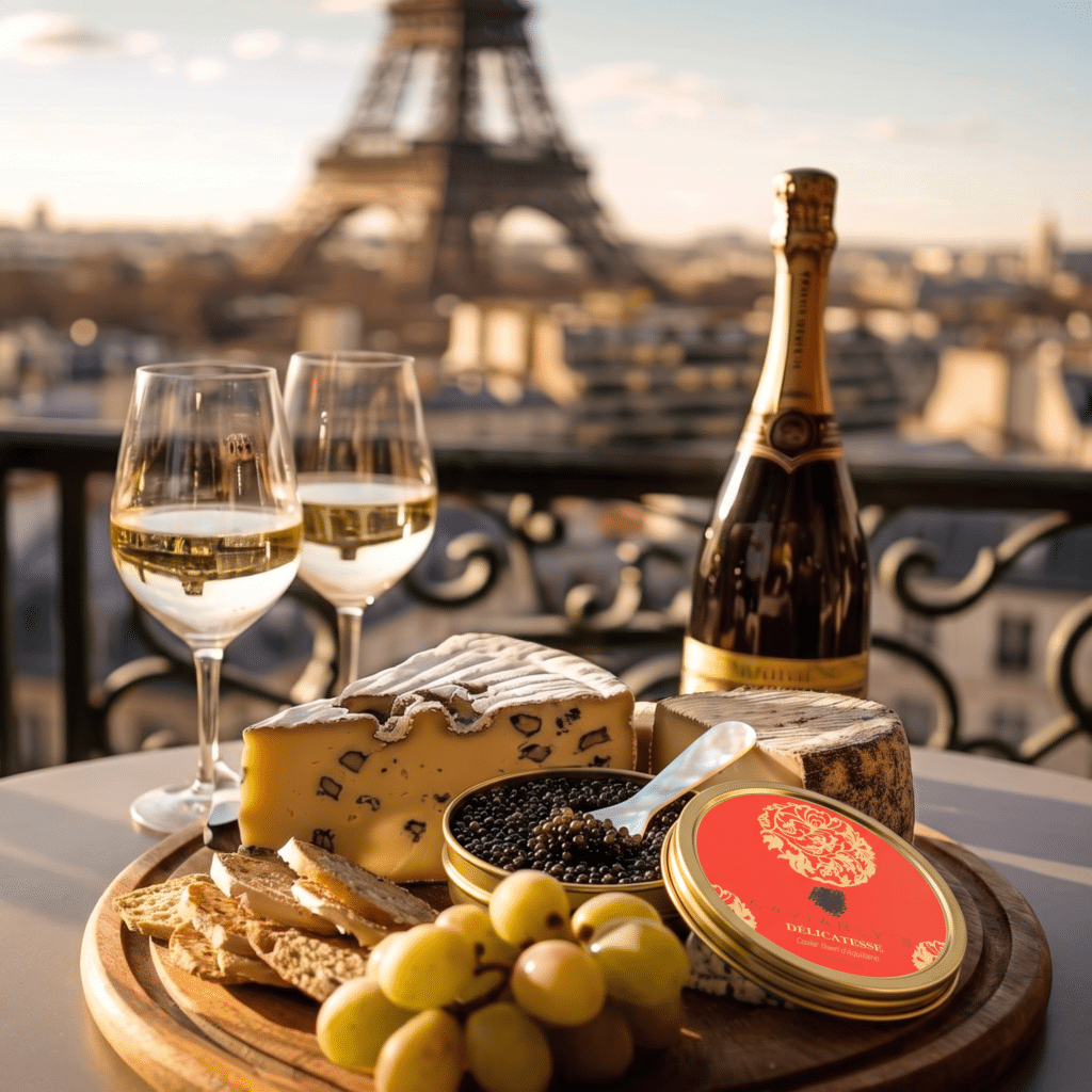 Caviar Baeri Impérial de France – Délicatesse Caviarly’s avec fromages et vin effervescent face à la tour Eiffel