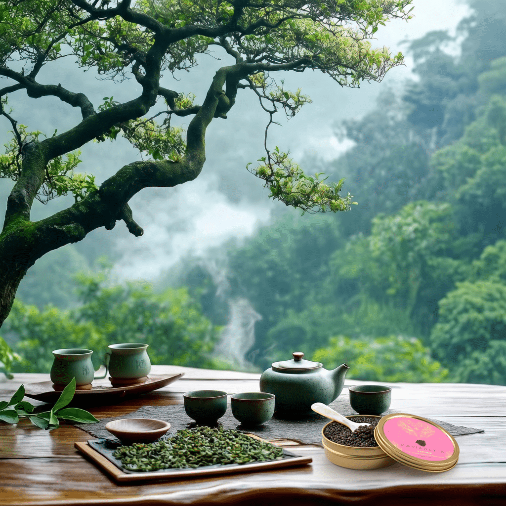 Boîte ouverte de caviar Schrenki-Dauricus du fleuve Amour Caviarly’s avec service à thé vert dans un paysage de montagne