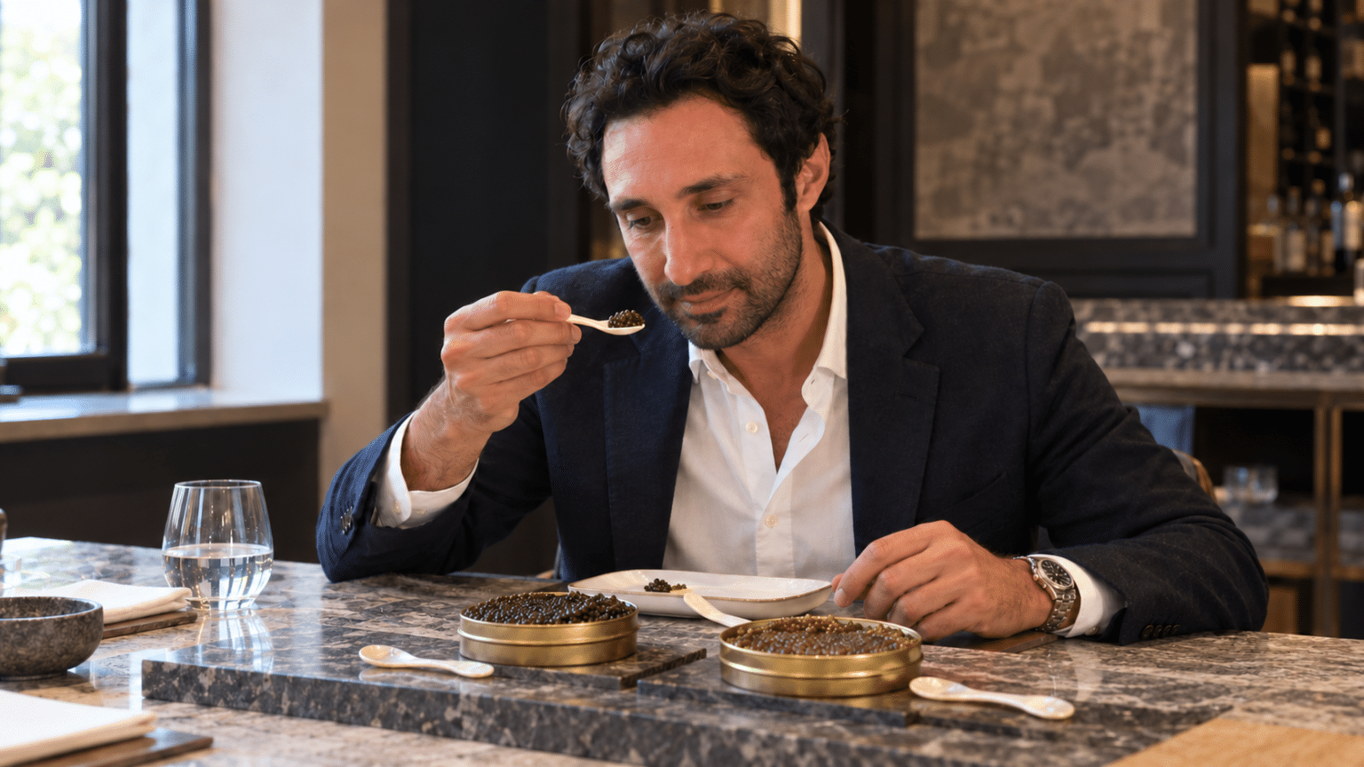 Ardechir Derambakhsh lors d’une dégustation et sélection de caviar pour Caviarly’s