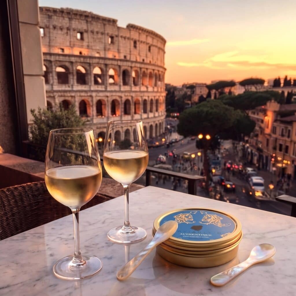 Boîte de caviar Baeri d’Italie Caviarly’s avec deux cuillères en nacre et deux verres de vin blanc face au Colisée à Rome