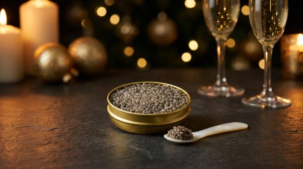 Boîte ouverte de caviar du Nouvel An avec cuillère en nacre et ambiance festive