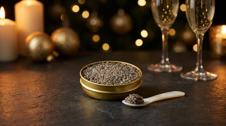 Boîte ouverte de caviar du Nouvel An avec cuillère en nacre et ambiance festive