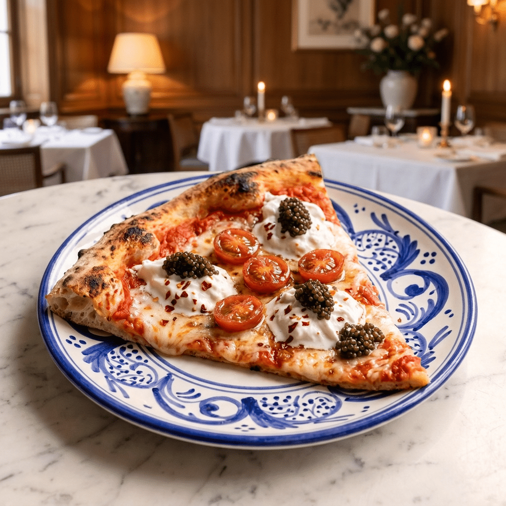 Part de pizza garnie de caviar Baeri d’Italie Caviarly’s, burrata et tomates cerises